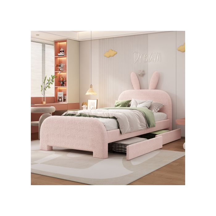 Lit Enfant - MUVOE - 90x200cm - Laine D'agneau - Tiroirs De Rangement - Design Lapin