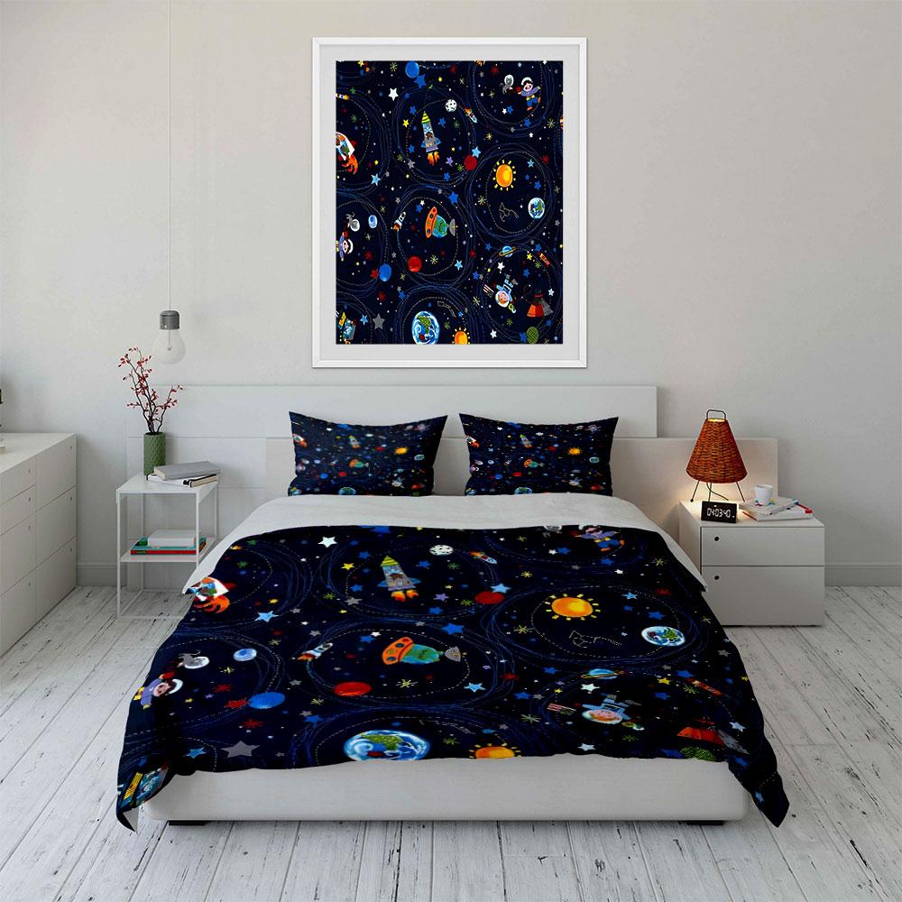 Kids Cartoon Space-Themed Bedding Set Soft Skin-Friendly Bedding Set Includes 1 Duvet Cover And 2 Pillowcase, Gift