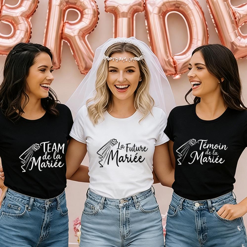 

French Team Témoin De La Mariée Future T-shirts Bachelorette EVJF Party Tees Bridal Shower Blouses with Veil Silhouette Design M