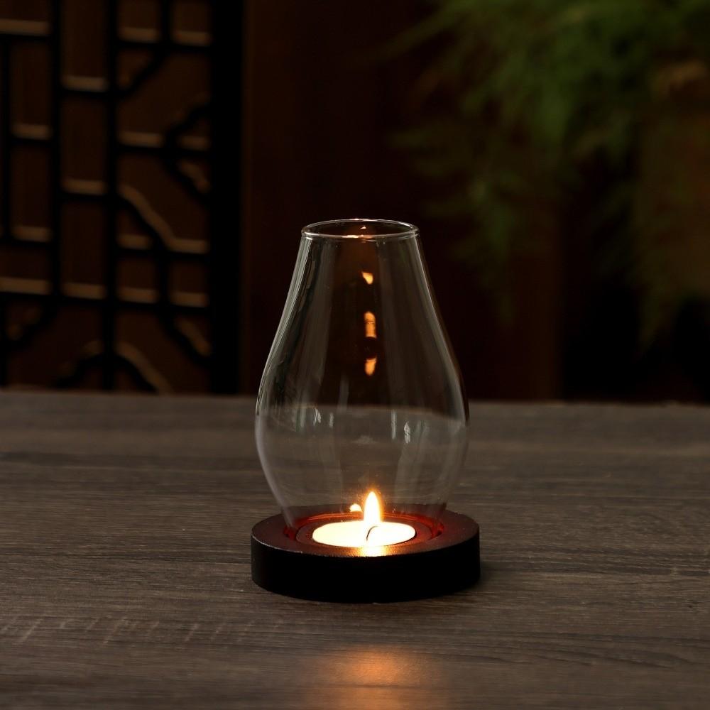 Solid Wood Base Glass Candle Holder Windproof Incenses Stove Lamp  Indoor Environment