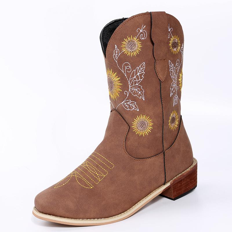 Fashion Women's PU Leather Printed Embroidered Boots Classic Casual High Top Sunflower Night High Heels Women's Boots