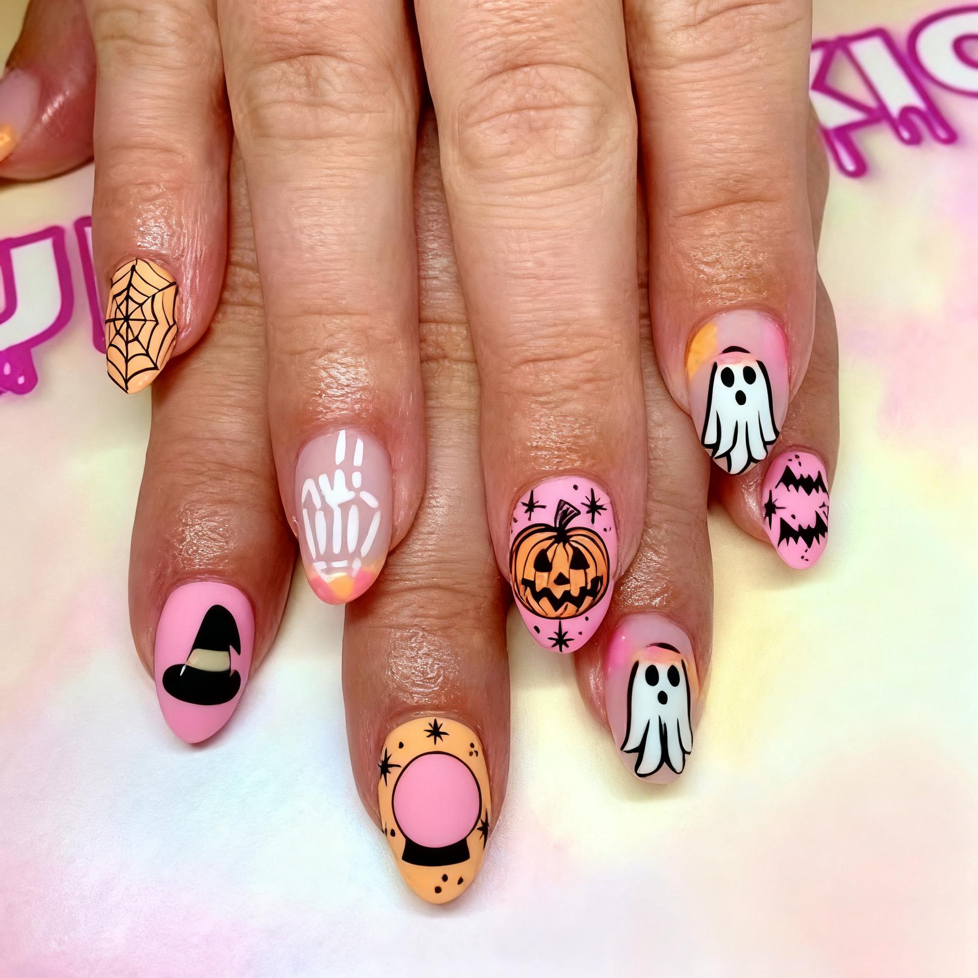 

Hot-selling short almond-shaped nail patch pink European and American Halloween elements wearing nail patch Free jelly glue + rubbing strips