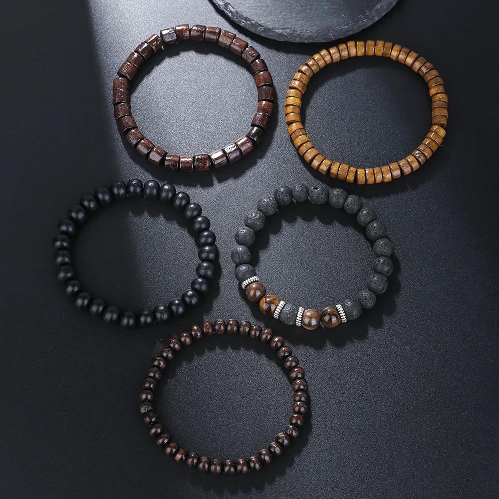 Best-selling Multi-layer Buddha Wood Bead Bracelets Sets Men's Retro Style Multi-layer Elastic Thread Adjustable Wooden Bracelet