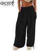 QICED 8 Color Women High Elastic Waist Trousers Wide Leg Loose Pants Deep Vest Pleated Ankle Pockets Solid Color Soft Ladies Casual Pants
