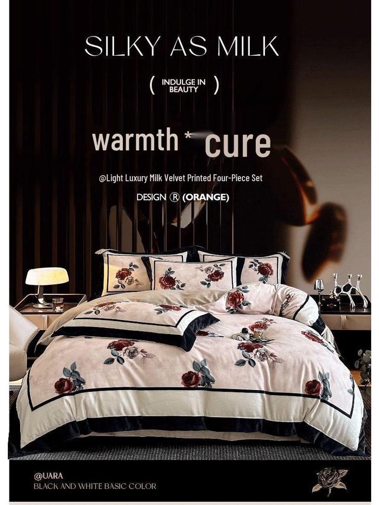 G5Z Französisches Retro Luxus Warmes Koralle Bettwäscheset - 4 Teile (Doppelseitige Bettwäsche & Bettbezug)