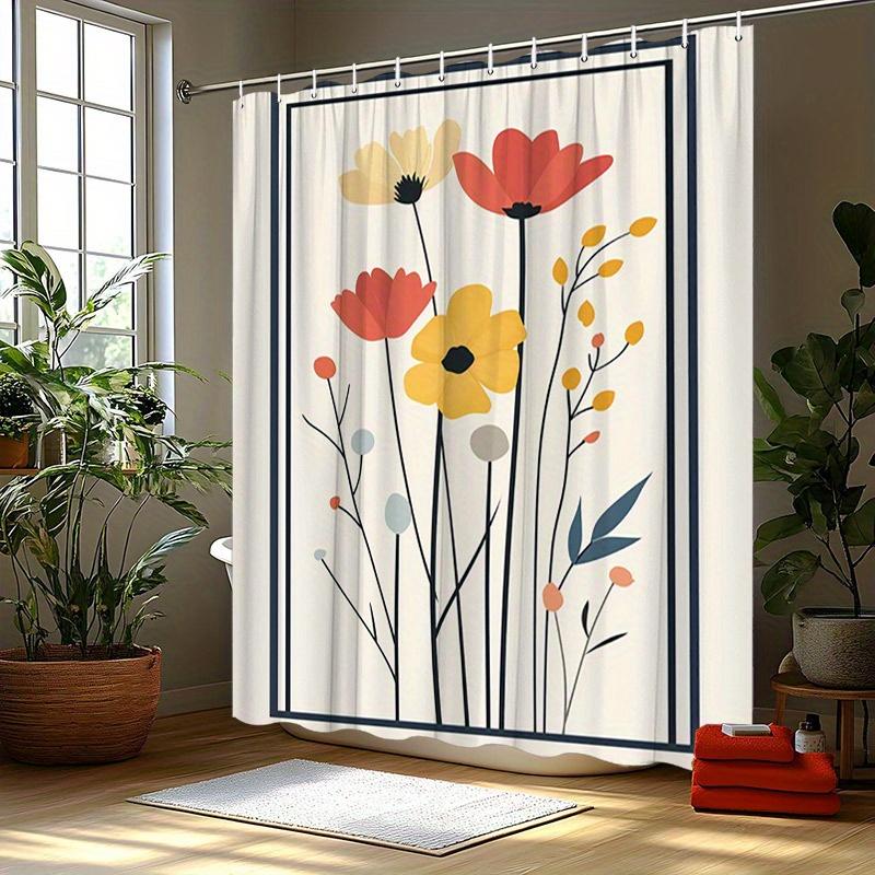 

1pc Modern Abstract Floral Shower Curtain - Red, Yellow & Orange Flowers on Black Stems, Beige Background, Polyester W90XH180cm