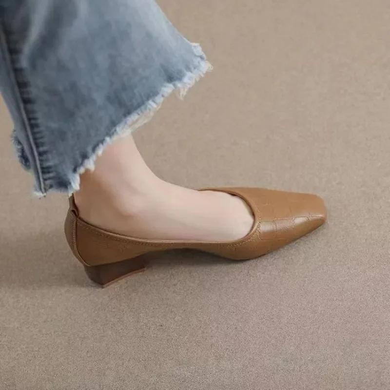 With Medium Heels Office Block Heel Square Chunky Shoes for Women Woman Pumps Toe Spring Summer 2025 Non Slip Luxury Brand Trend