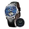 OLEVS Men's Automatic Watch Mechanical Leather Strap Starry Sky Diamond Dial Skeleton Popular Leather Belt Waterproof Date Luminous Watch for Men
