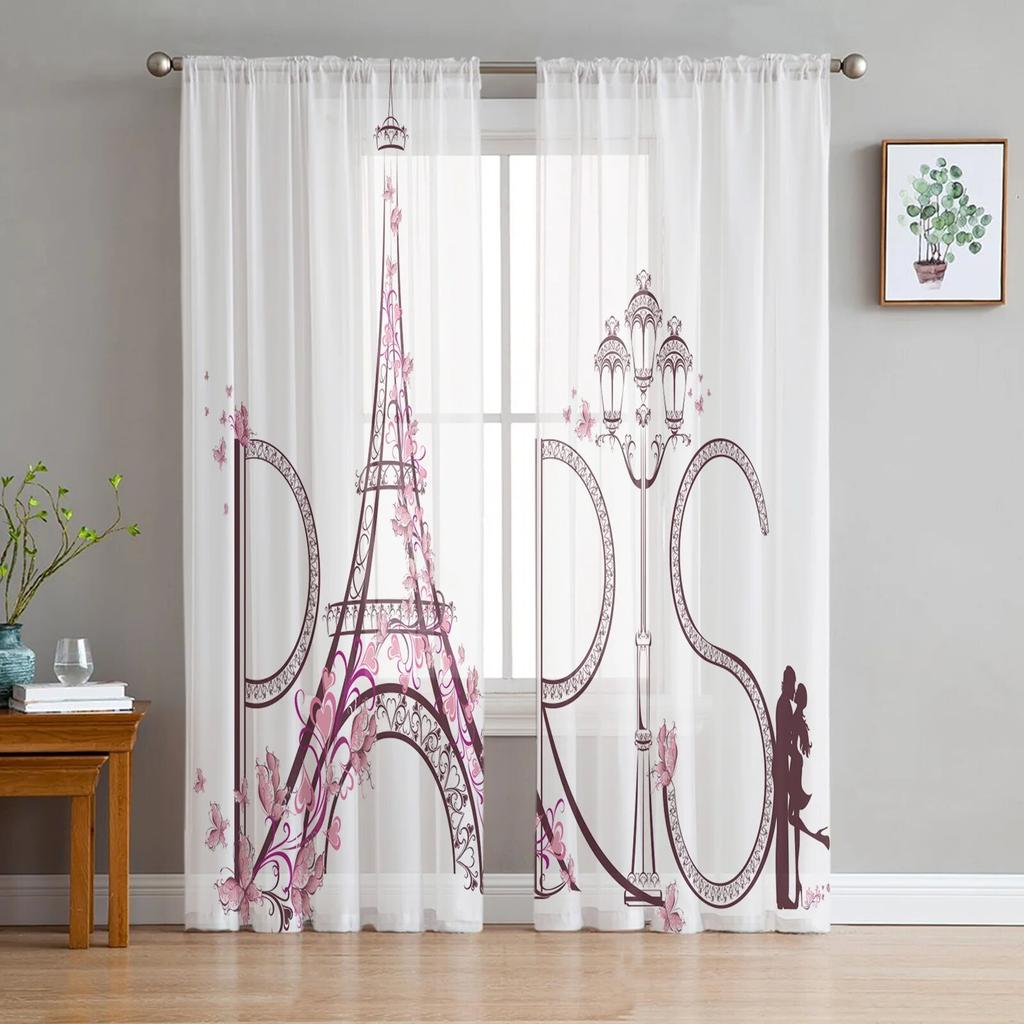 Red High Heels Eiffel Tower Butterfly Tulle Curtains for Bedroom Modern Voile Curtains Home Decoration Window Curtains