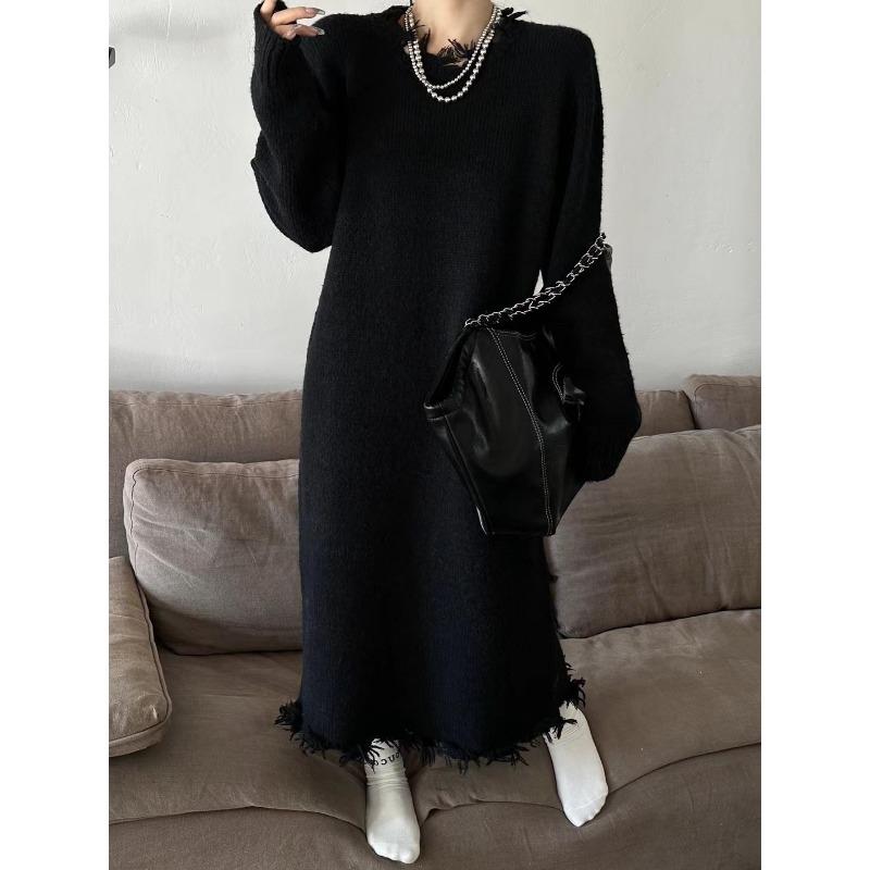 

Осень и зима новый свободный и тонкий ленивый свитер женский средней длины однотонный пуловер вязаное платье one size fits all чёрный