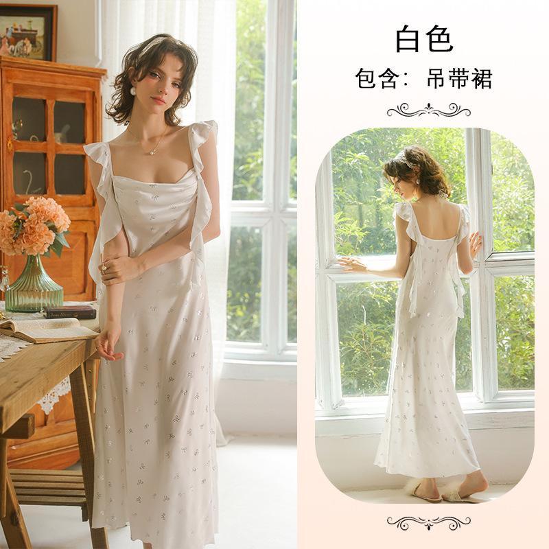 French light luxury bridal morning gown two-piece set women s satin hot silver bow suspender dress loungewear 941 + 1113 S