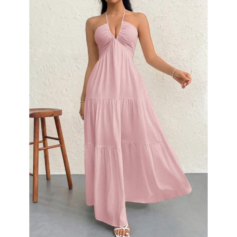 white halter v neck tiered maxi dress for women beach party and casual wear