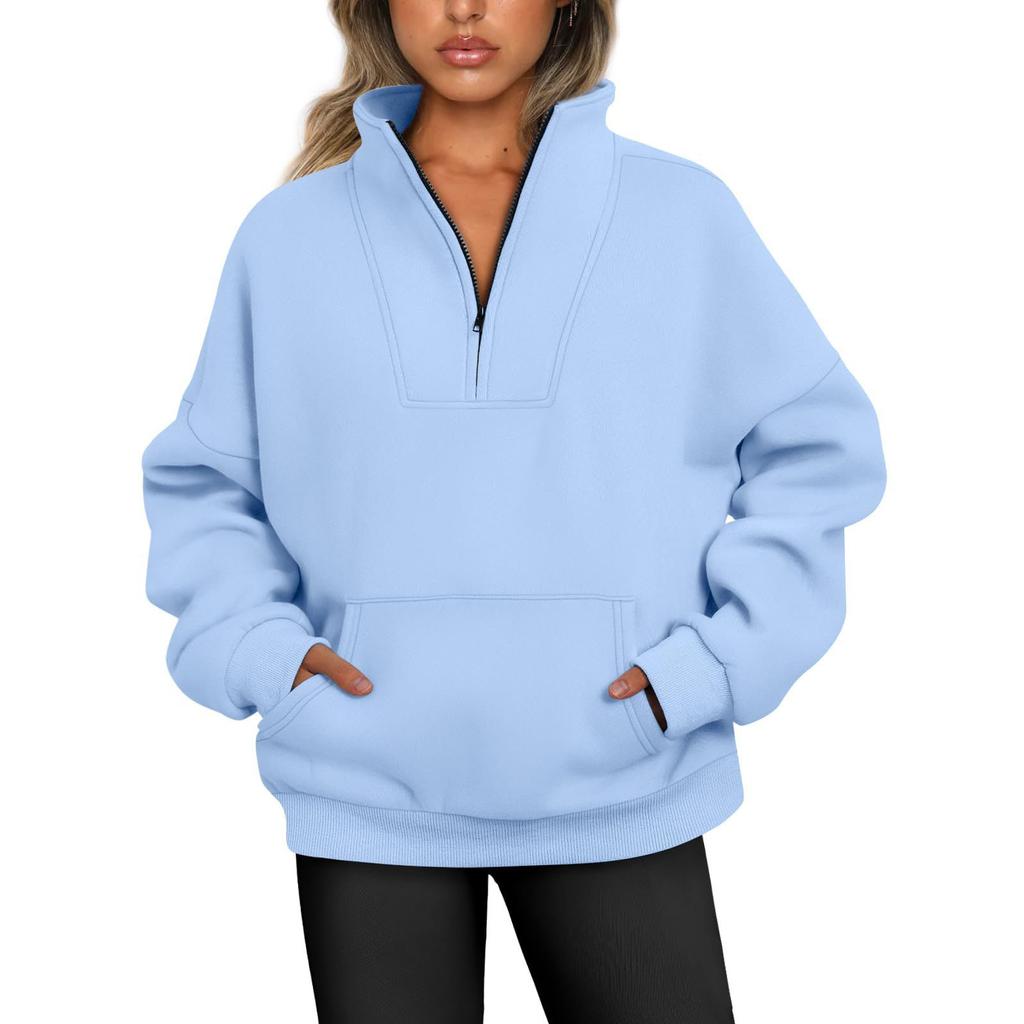 Autumn and Winter Standing Collar Solid Color Sweater Pocket Zipper Women's Casual Loose Fleece Threaded Top