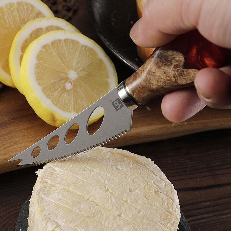 High-End Pure Titanium Cheese Knife Set with Red Resin Wood Handle
