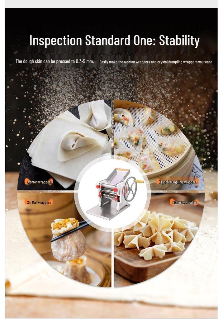 Compact Household Manual Noodle & Pasta Maker with Dumpling Wrapper Roller and Hand Crank, Stainless Steel