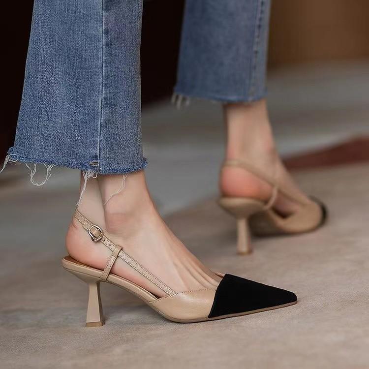 2025 summer new bag head sandals French color matching small fragrant style pointed high heels one-word buckle sandals stiletto