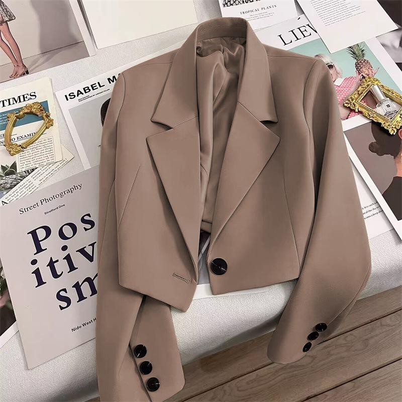 Women's One Button Short Blazer, Polyester Long Sleeve Notched Lapel Regular Fit Elegant Commuter Suit Jacket