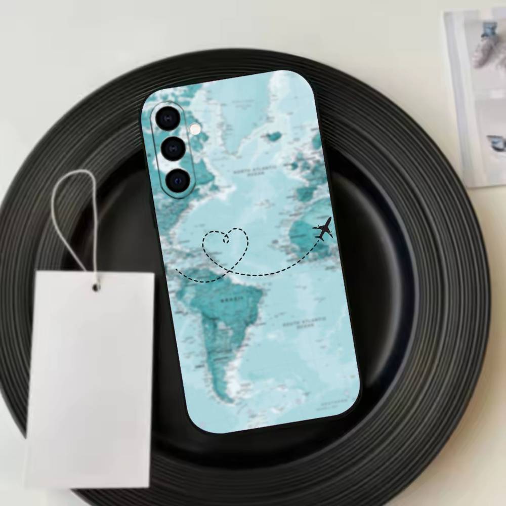 Travel Airplane Route Phone Case Black Silicone Soft For Samsung Galaxy A73,A72,A71,A70,A53,A52,A51