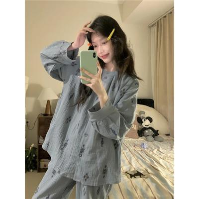 Women's Pajamas New Autumn Spring Long Sleeve Soft Sleepwear Set Grid Cartoon Pyjama Woman Home Nightwear Set Cardigan