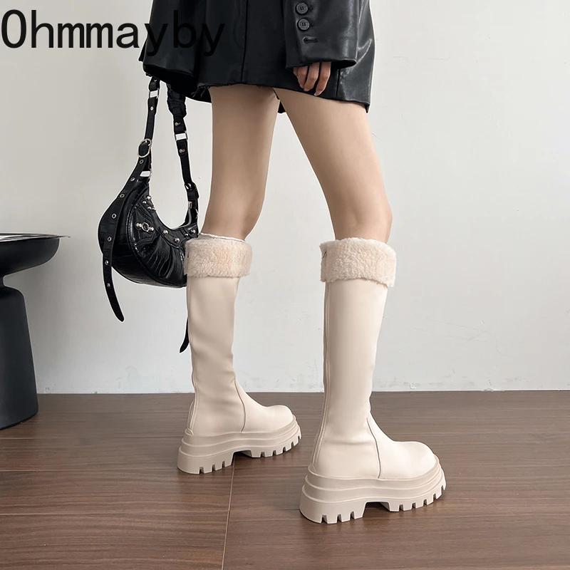 Zimní Teplé Plyšové Dámské Rytířské Dlouhé Boty Módní Platforma Kozačky po Koleno Stručné Hranaté Podpatky Boty