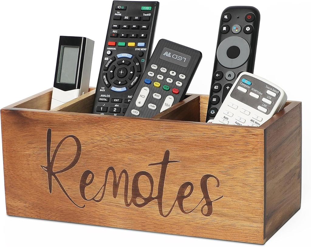 Acacia Wood TV Remote Holder, Caddy and Organizer for Table, Vintage Farmhouse Desk Caddy (Brown for 2 or 3 Remote Controls)