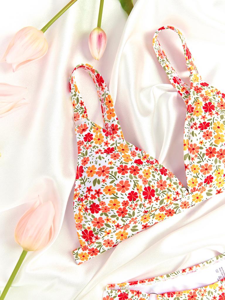 Small Floral Print Backless Sexy Two Piece Swimsuit Elegant For Vacation