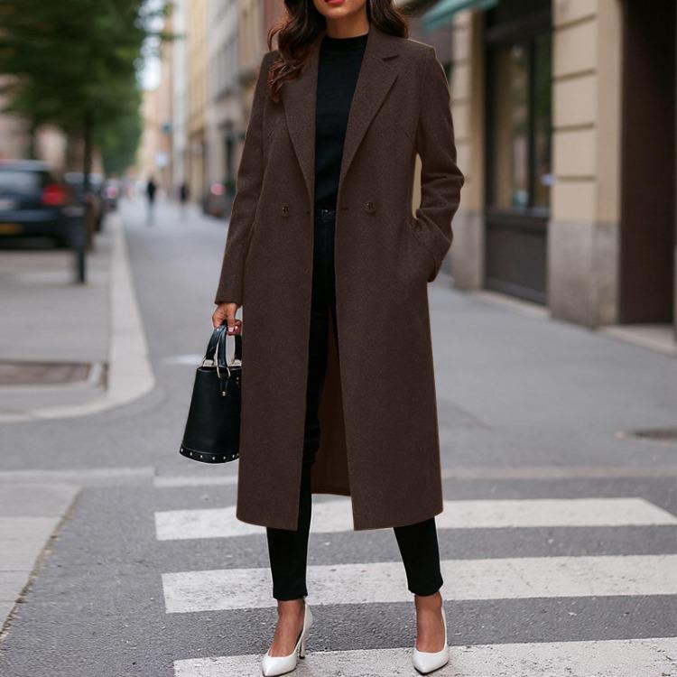 Women Fashionable Color Lapel Long Sleeved Woolen Coat