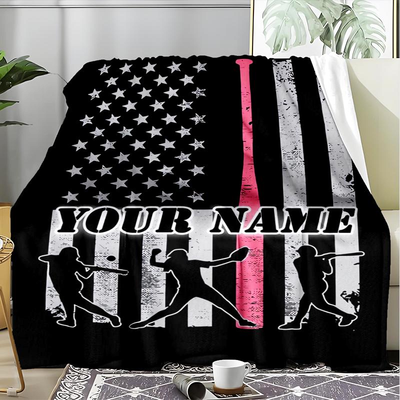 1PC Custom Name Baseball Flag Art outdooor Flannel blankets Patterns Throw Blanket All-Season Soft Gift for Couch, Bed, Camping gifts