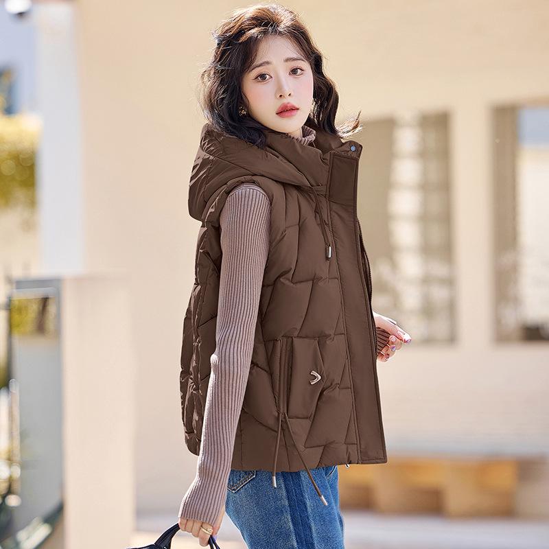 

Новая женская легкая куртка без рукавов с капюшоном и воротником, высококачественная, однотонная, утолщенная, теплая, спортивная, повседневная, свободная, хлопковая куртка 4XL темно-коричневого