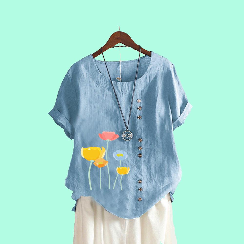 Women Casual Print T-shirt Summer Fashion Short Sleeve Top Round Collar Loose Plus Size Blouses