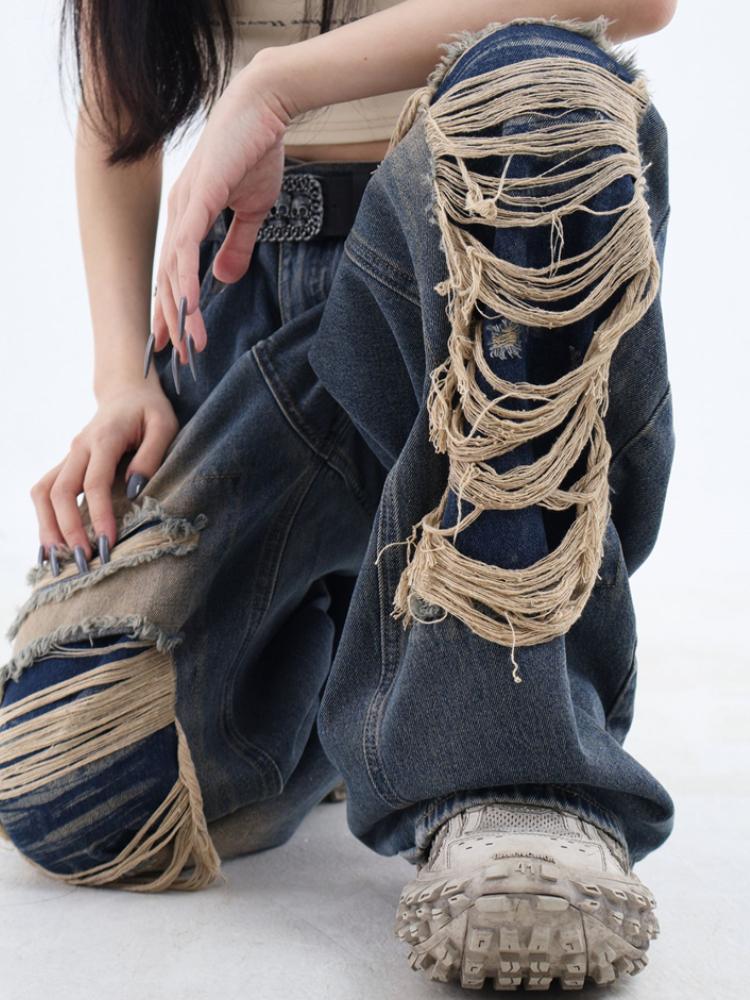 Gothic Black Jeans High Waist Vintage Women Korean Fashion Y2k Streetwear Ripped Pants Female Harajuku Casual Wide Leg Denim Trousers