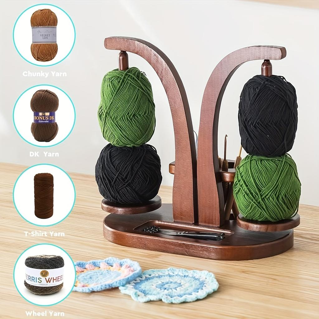 Wooden Yarn Holder & Spool Ball Spinner with Storage Rack for Knitting Crochet Tools for Knitters Crocheters Crafters