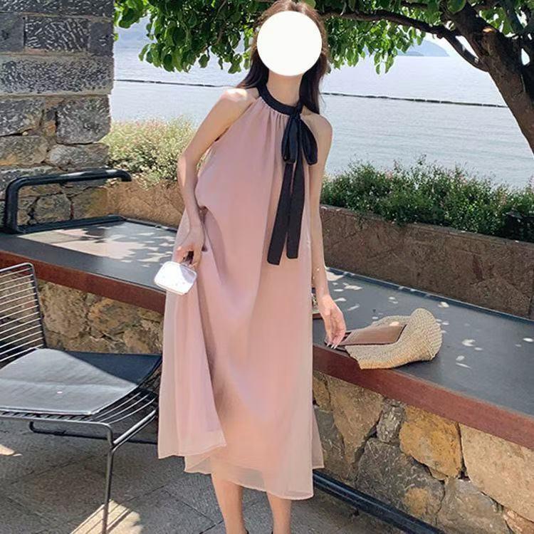 Elegant French Style Sleeveless Tie-Waist Dress for Birthday or Beach Vacation