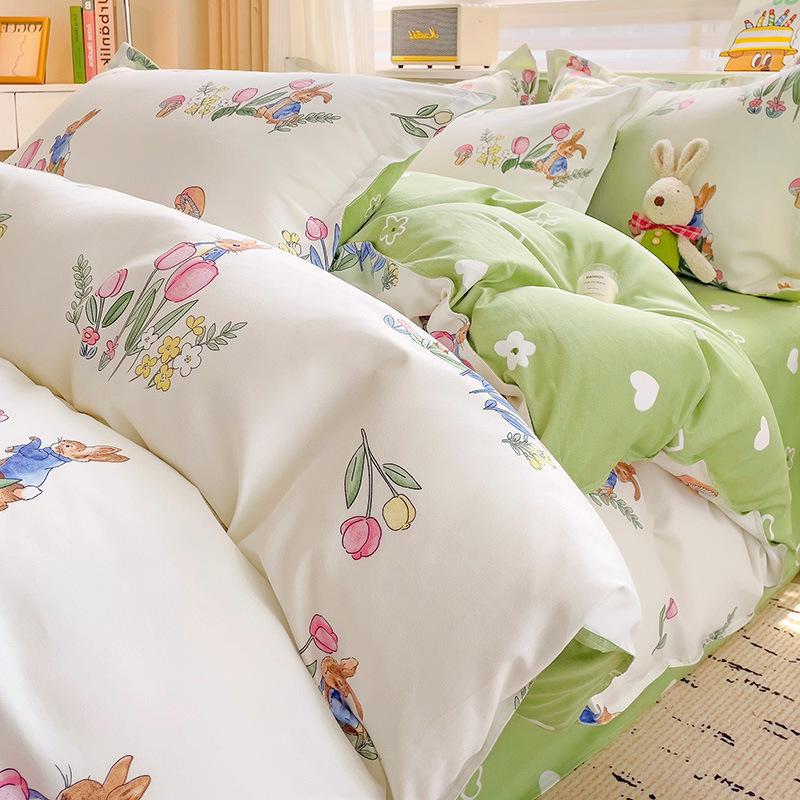 Fresh Literary Style Glutinous Cotton Bedding Set - Four-Piece Set for Dormitory or Home