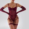 Sexy One-piece Underwear, Fun, Ultra-thin Mesh Straps, Splicing Leg Rings, Gloves, Bra Four-piece Set
