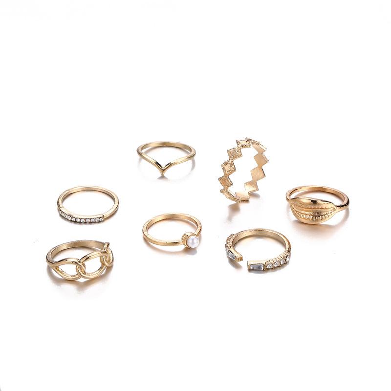 Pearl Ring, Fashionable Shell With Diamonds, Quadrilateral Thick Chain Combination 7-Piece Set For Women