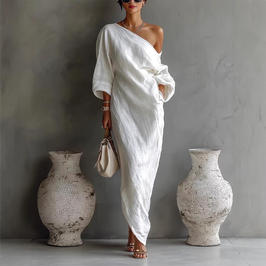 New Summer Fashion High-End Women's Long Sleeve Off-Shoulder Maxi Dress Mid-Waist Tucked-In Style