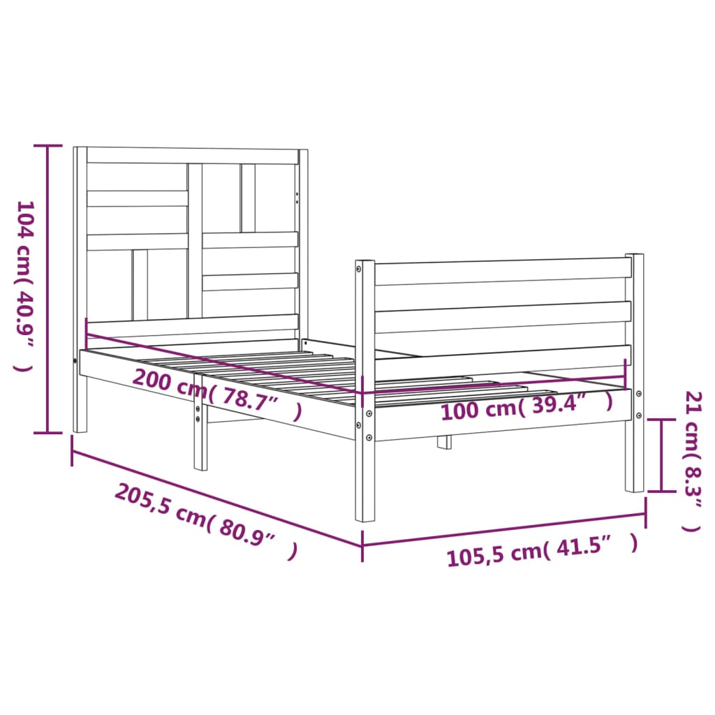 Solid Wood Bed with Headboard 100 X 200 Cm