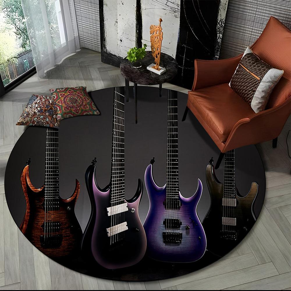 Elektrische Gitarre Klassische Gitarre Runder Teppich für Wohnzimmer Schlafzimmer Kinderzimmer Dekoration, Haustierbereich Teppich Rutschfeste Bodenmatte