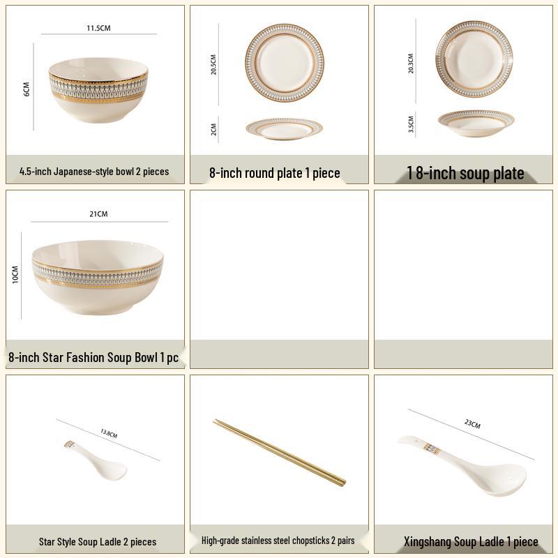 European Style Gold Rim Ceramic Dinnerware Set - Includes Large Bowls, Soup Bowls, Plates, and Rice Bowls for New Year Celebrations.