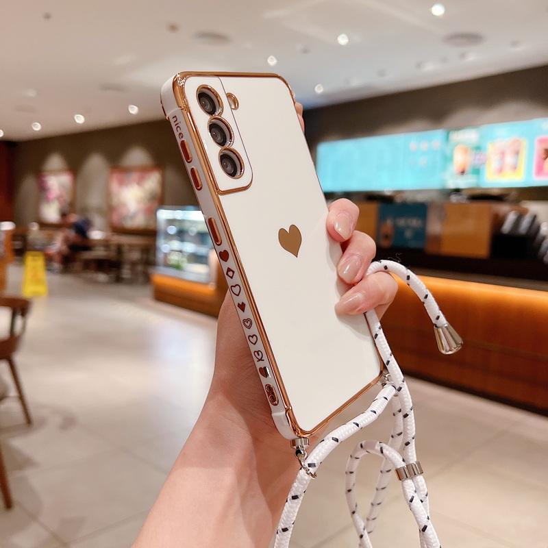 Crossbody Strap Cord Phone Case For Samsung Galaxy S25 S23 S24 Ultra S24 FE A35 A15 A16 A55 A54 5G Plating Heart Lanyard Cover