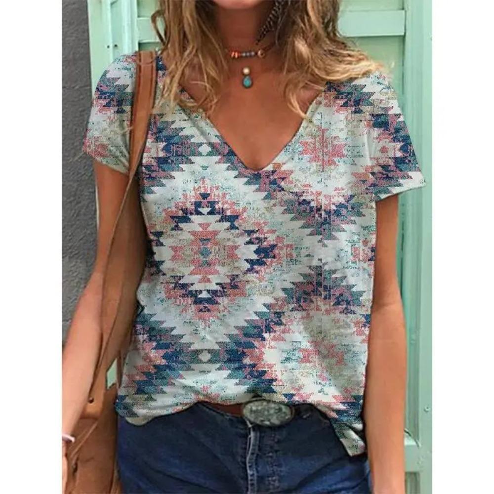 Summer 3d Printed T-shirt Women's Ethnic Style Retro Street T-shirt Women's V-neck T-shirt Quick-drying and Breathable