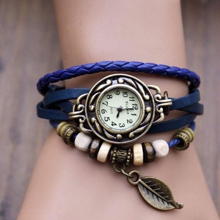 Womens Bracelet Weave Wrap Quartz Leather Leaf Beads Wrist Watches