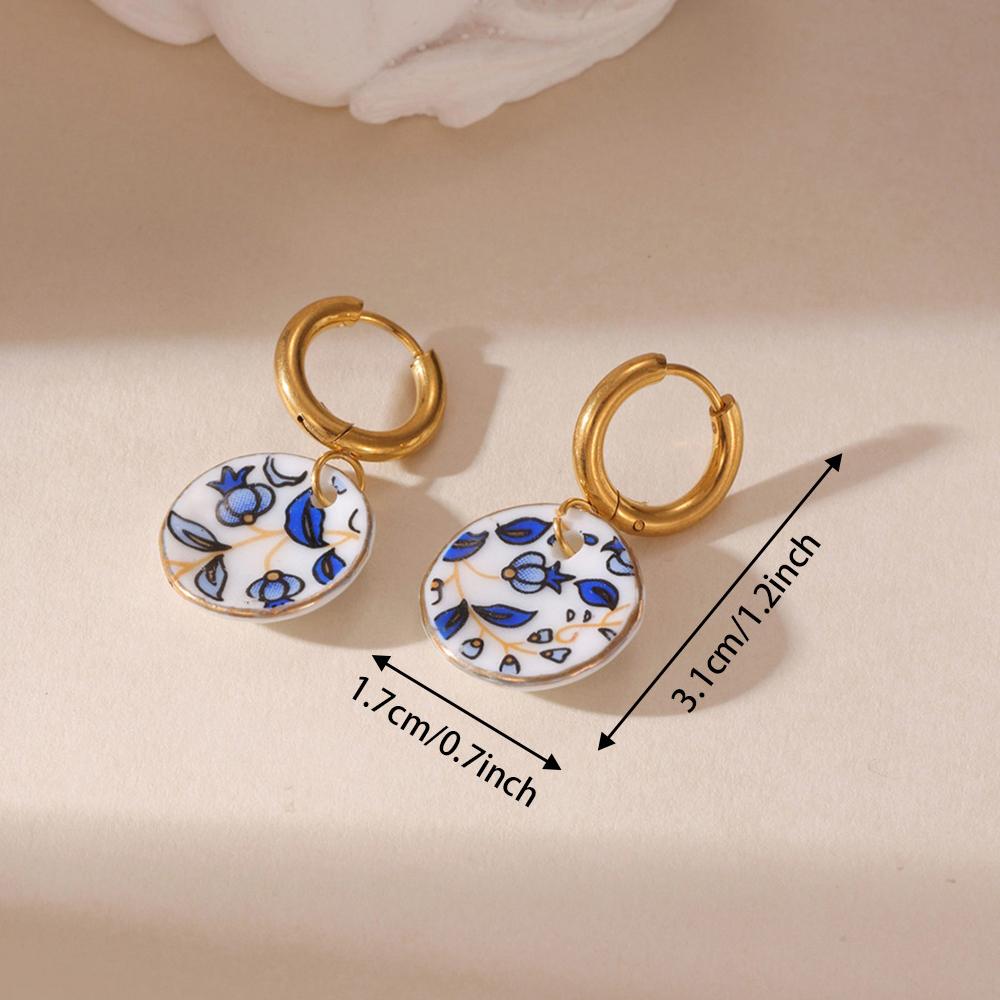 Luxury Blue Enamel Hoop Earrings Wedding for Women Wholesale Chinese Style Cute Geometric Stainless Steel Earrings Trend Zircon