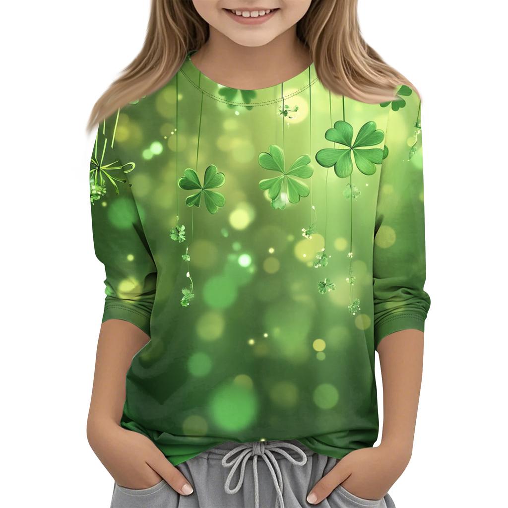 St. Patrick's Day Print Tops For Youth Girls 4-11 Years Round Neck 3/4 Sleeves T-Shirts Trendy Tops Outfit Tees