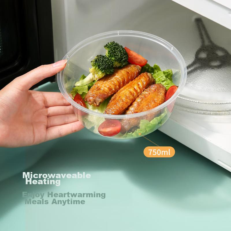 MARYYA Disposable Round Food Containers, 750ml*50 Sets, Thick Takeout Bowls with Lids for Fast Food, Microwave Safe Picnic Boxes
