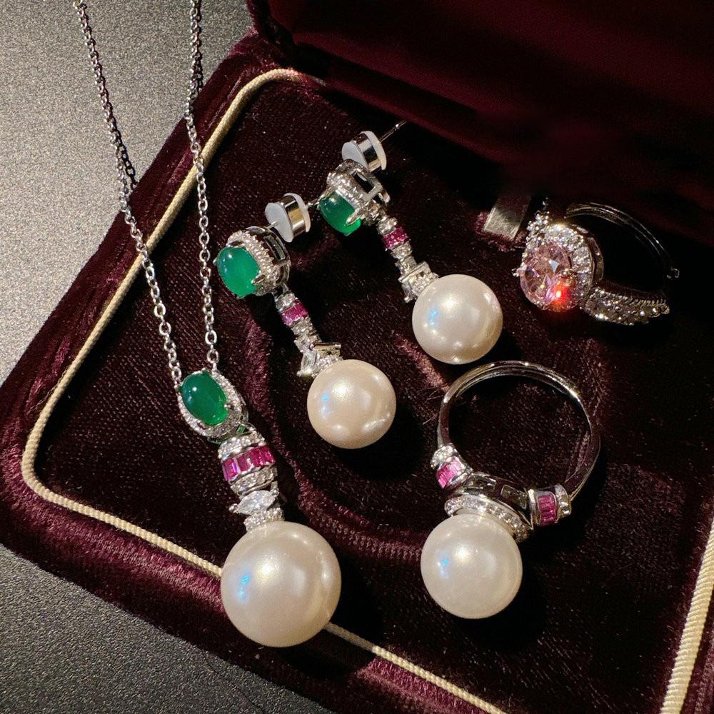 Women Brazil Chrysoprase Agate Gemstone Pearl Earrings Necklace Set