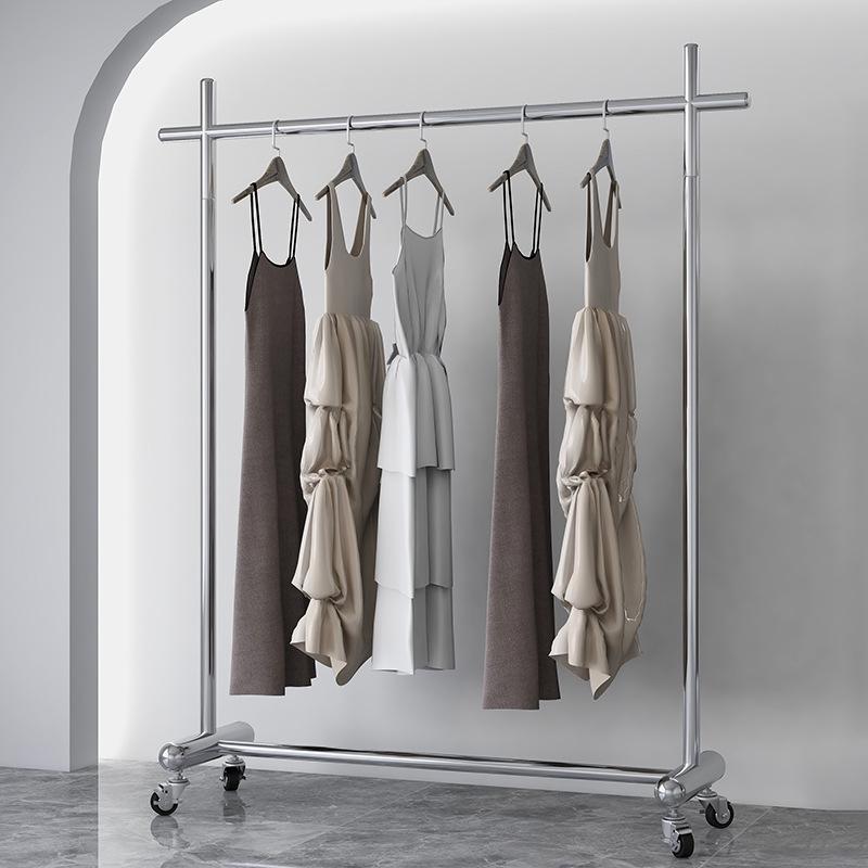 Adjustable Clothing Display Rack with Wheels – Stainless Steel, for Women's and Children's Apparel.