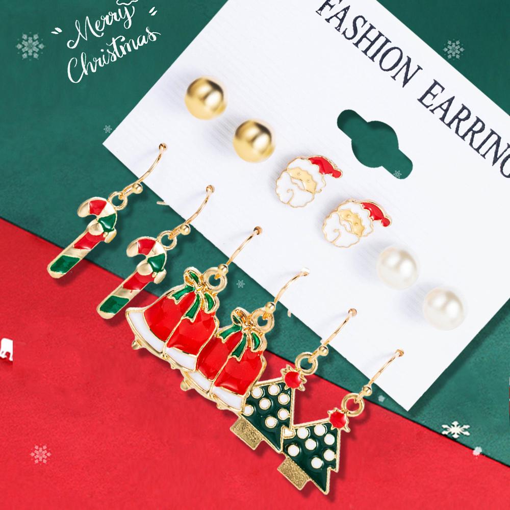 6 Pairs Ladies Christmas Series Earrings With Santa Claus Zircon Pattern Fashionable And Cute Cartoon Alloy Earrings Accessories