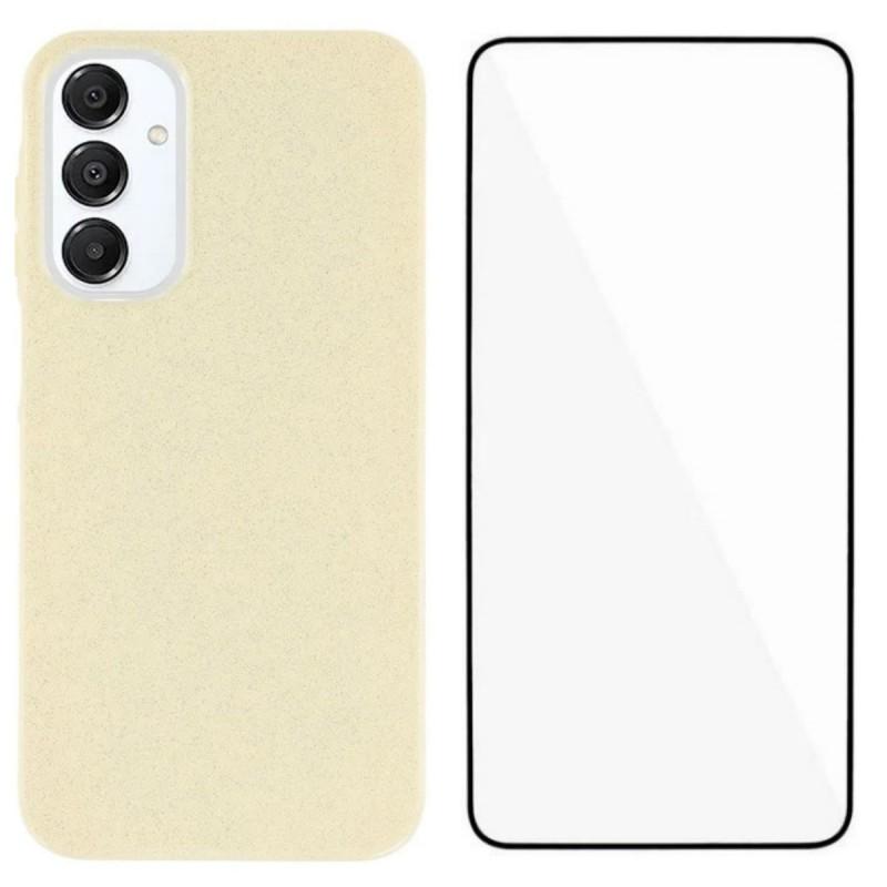 

For Samsung Galaxy A14 4G/Galaxy A14 5G Glitter Case WANLONFENG XL2 Series IMD TPU Phone Cover with Tempered Glass Film Beige